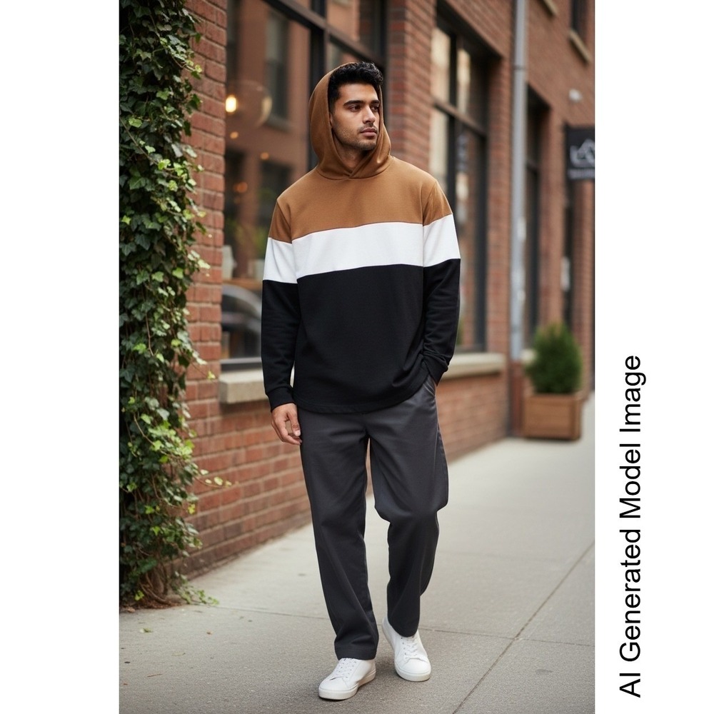 Denim & Flower Ricky Singh Mens Colorblock Hoodie Tan White Black Large